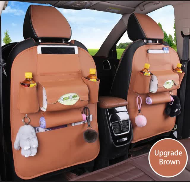V888-ELOSUNG12342-211512-00 Chocolate Leather Car Backseat Organizer with Foldable Tray Table & Trash Bag - Multi-functional Car Storage Solution - Image 1