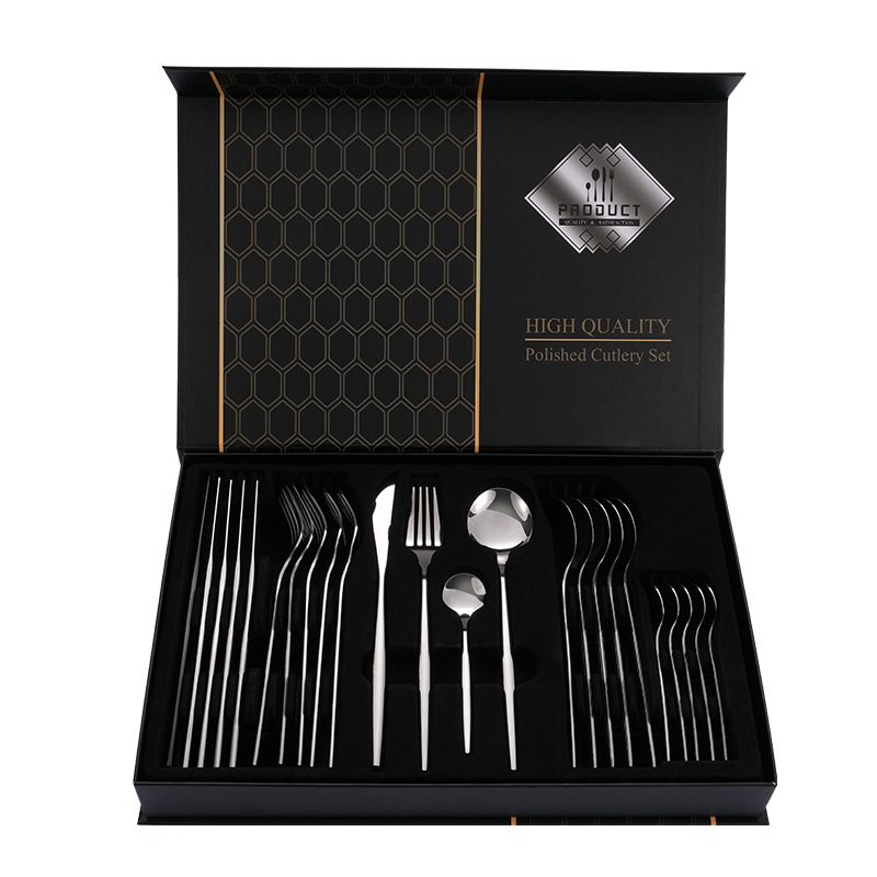 V888-ELOSUNG12353-211853-00 Silver Color Premium 24-Piece Stainless Steel Cutlery Set – Elegant Golden Steak Knife, Fork, and Spoon Set in Luxury Gift Box - Image 1