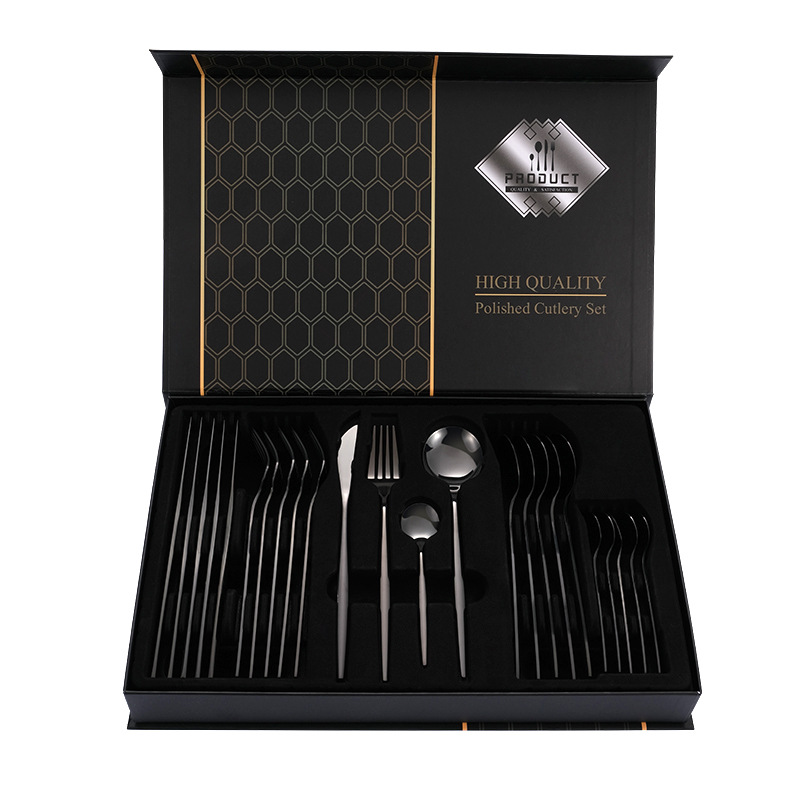 V888-ELOSUNG12357-212059-00 Black Color Premium 24-Piece Stainless Steel Cutlery Set - Elegant Golden Steak Knife, Fork, and Spoon Set in Luxury Gift Box - Image 1