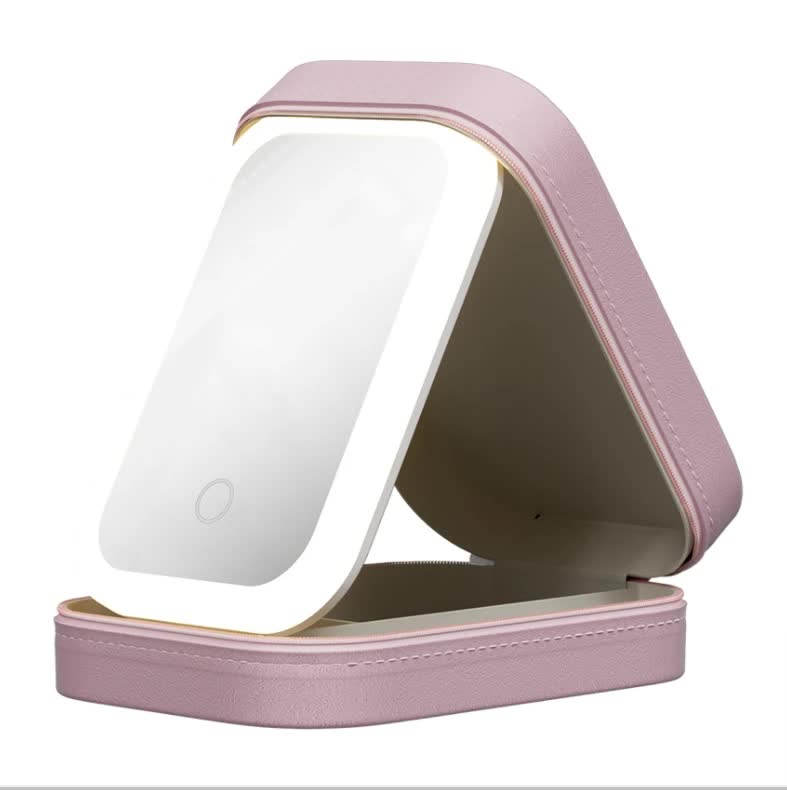 V888-ELOSUNG12559-212392-00 Pink LED Jewelry Box with Mirror - Smart Light Adjustment and Dual Power Charging for Travel and Home - Image 1