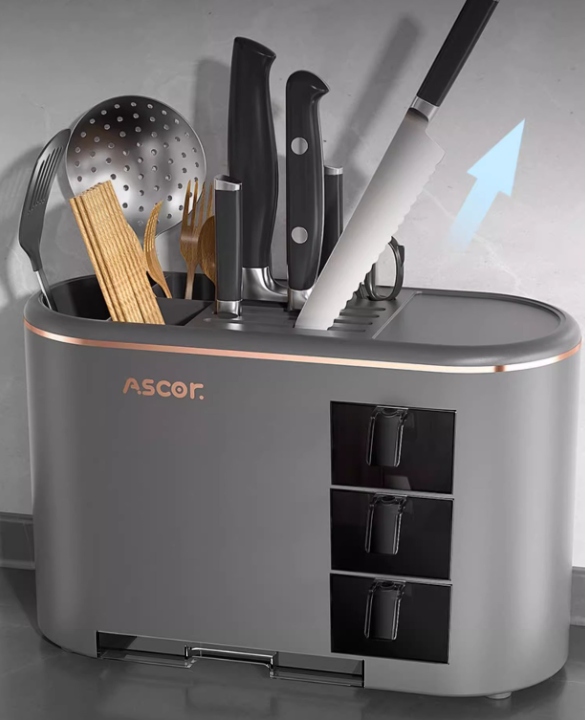 V888-ELOSUNG12595-214069-00 Grey All-in-One Kitchen Knife and Utensil Holder - Multi-Functional Organizer with Storage Drawers - Image 1