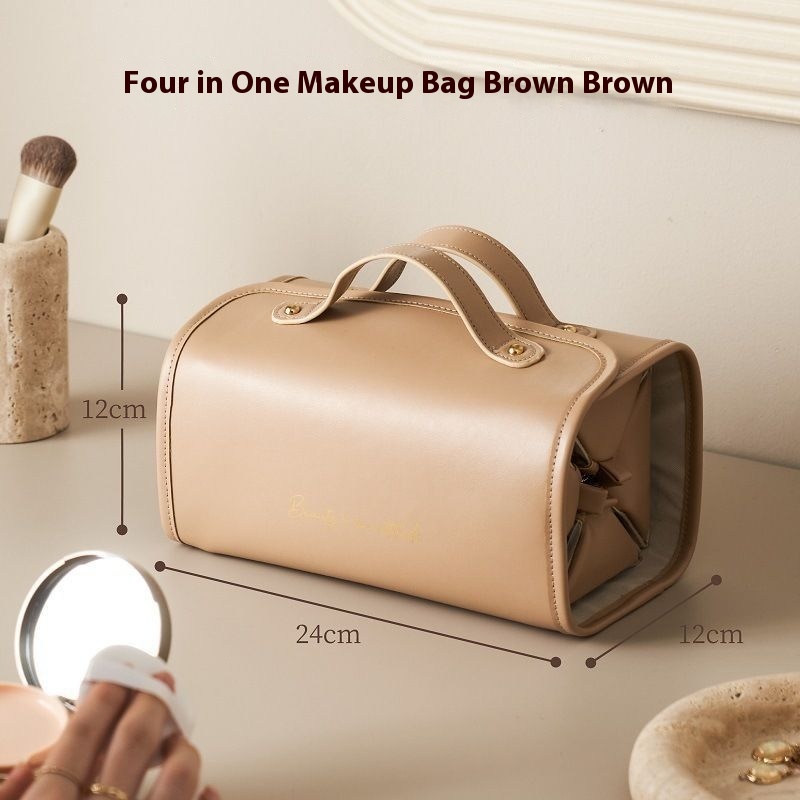 V888-ELOSUNG12605-212569-00 Brown Roll-Up Travel Makeup Bag - Compact Cosmetic Organizer with Multiple Compartments - Image 1