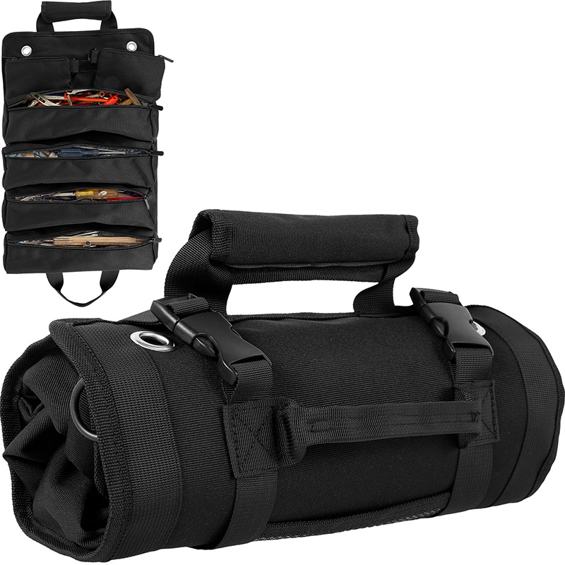 V888-ELOSUNG12743-212983-00 Black Portable Roll-Up Tool Organizer with Zippered Pockets - Image 1