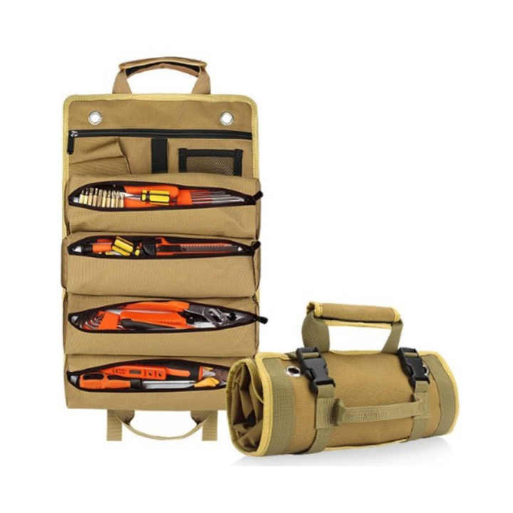 V888-ELOSUNG12745-212985-00 Khaki Portable Roll-Up Tool Organizer with Zippered Pockets - Image 1