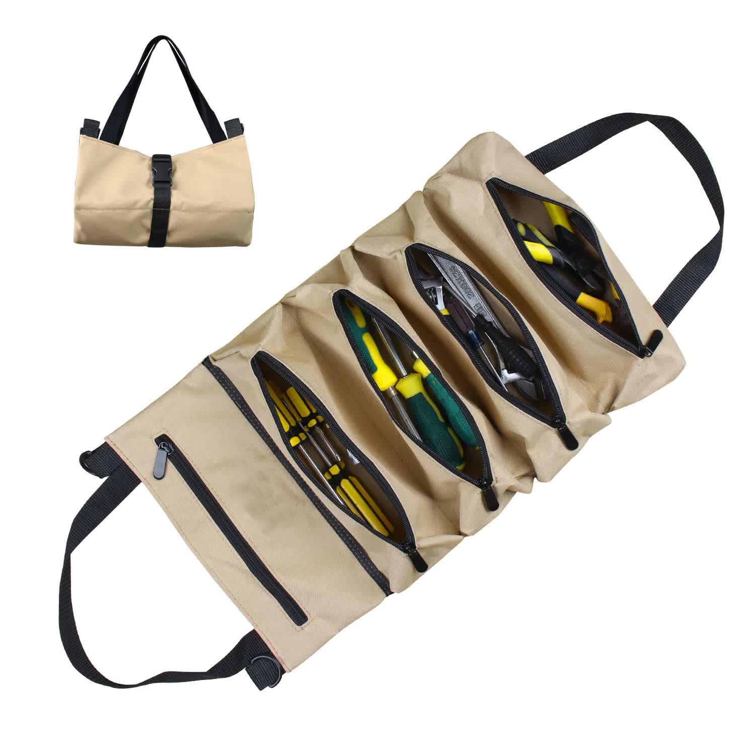 V888-ELOSUNG12749-212903-00 Khaki 5-Pocket Roll-Up Tool Bag Organizer - Image 1