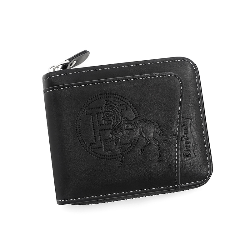 V888-ELOSUNG12756-212965-00 Black Men's Leather Wallet with Zipper and Horse Embossed Design - Compact and Stylish - Image 1