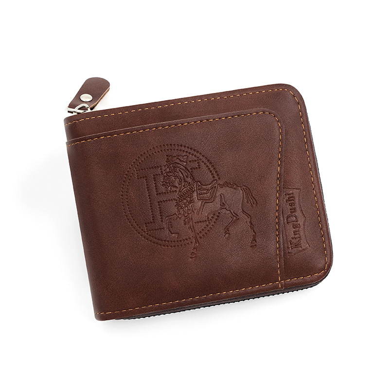 V888-ELOSUNG12757-212964-00 Dark Brown Men's Leather Wallet with Zipper and Horse Embossed Design - Compact and Stylish - Image 1
