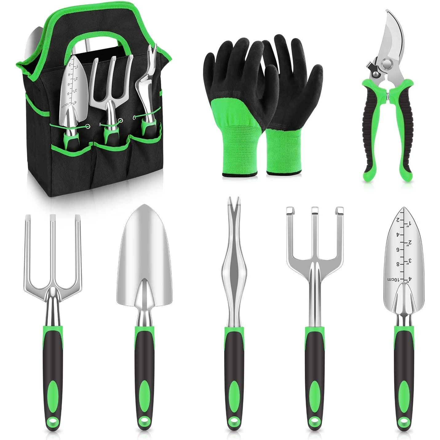 V888-ELOSUNG12839-213563-00 Green 8-Piece Heavy-Duty Gardening Tool Set with Ergonomic Handles and Storage Bag - Image 1