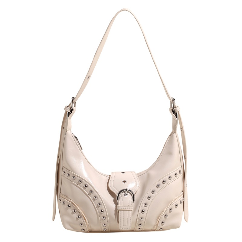 V888-ELOSUNG12844-213534-00 White Vintage Studded PU Leather Shoulder Bag with Adjustable Strap - Image 1