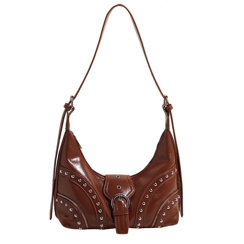 V888-ELOSUNG12847-213531-00 Brown Vintage Studded PU Leather Shoulder Bag with Adjustable Strap - Image 1