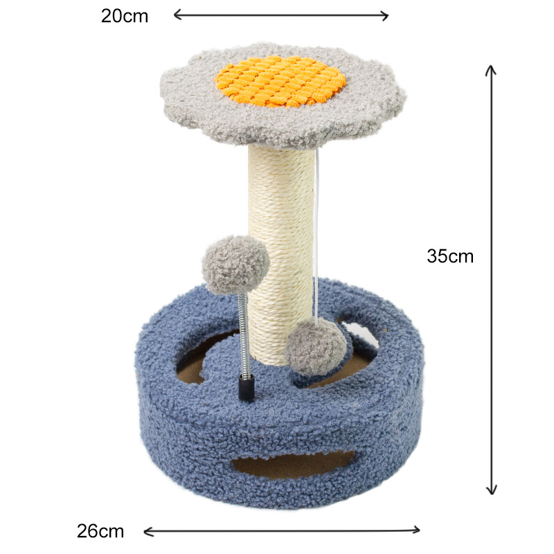 V888-ELOSUNG12939-213971-00 Blue-grey Interactive Cat Scratching Post with Playful Ball Toys, Flower Design - 35cm Height, 26cm Base - Image 1