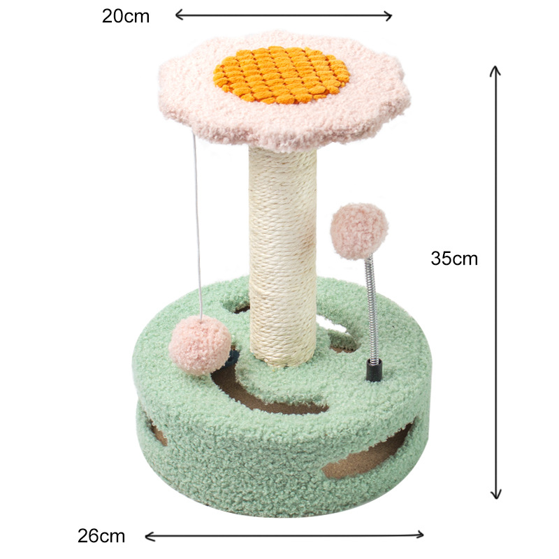 V888-ELOSUNG12940-213985-00 Green-pink Interactive Cat Scratching Post with Playful Ball Toys, Flower Design - 35cm Height, 26cm Base - Image 1