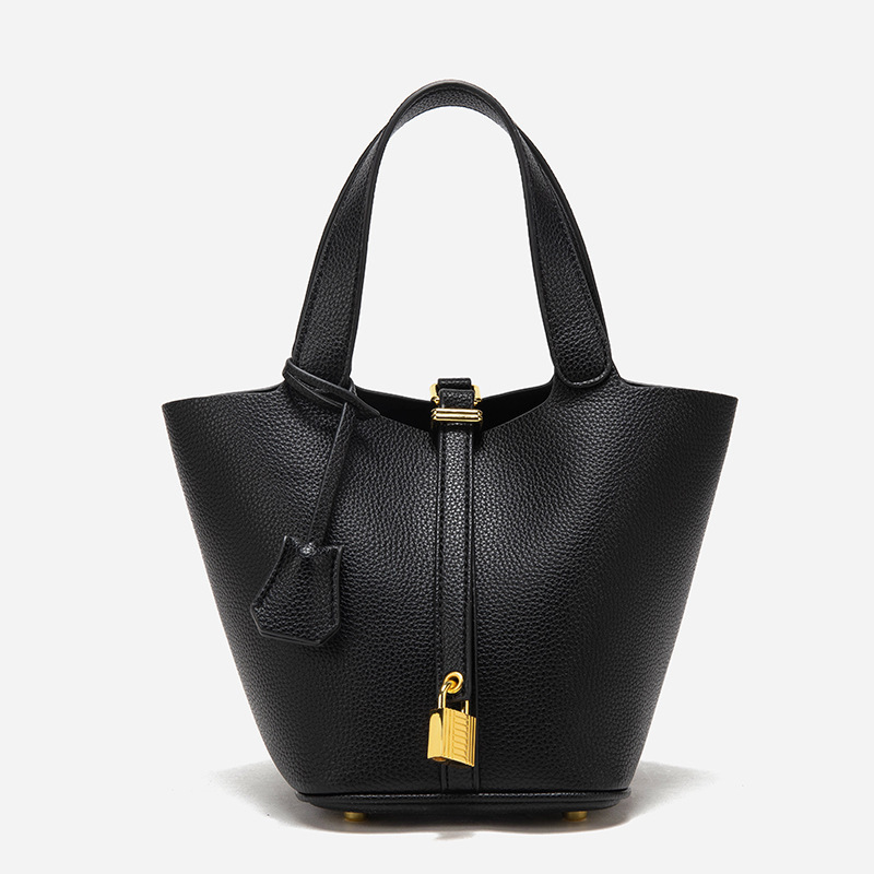 V888-ELOSUNG12946-213902-00 Black Elegant Women's Leather Tote Handbag with Gold Lock Detail - Image 1