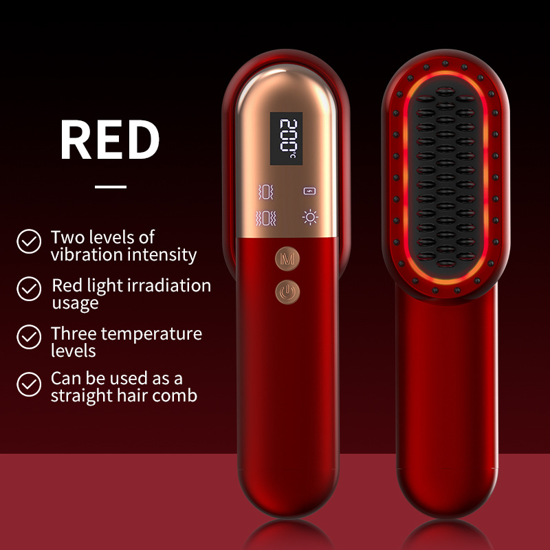 V888-ELOSUNG13011-210044-00 Red Mini Rechargeable Ionic Hair Straightening Comb | Portable Wireless Vibration Massage Brush for Frizz-Free, Smooth Hair - Image 1