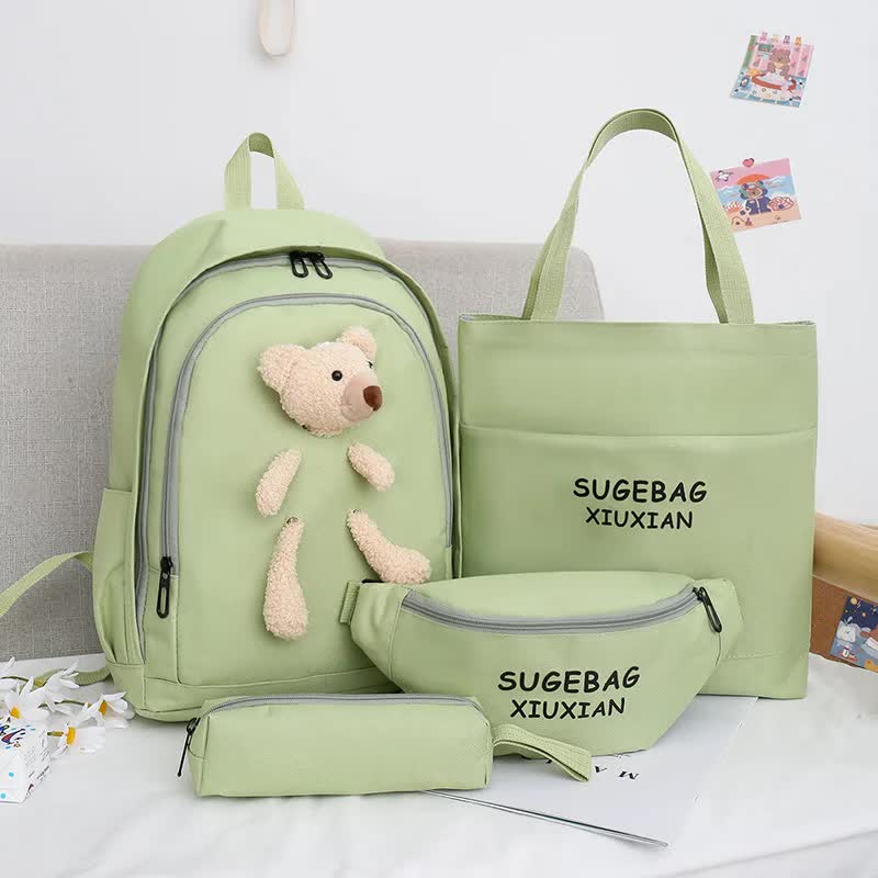 V888-ELOSUNG13122-210274-00 Green Cute Little Bear Girls' Backpack Set - Korean Style Large Capacity School Bag for High School & Middle School Students, 4-Piece Set - Image 1