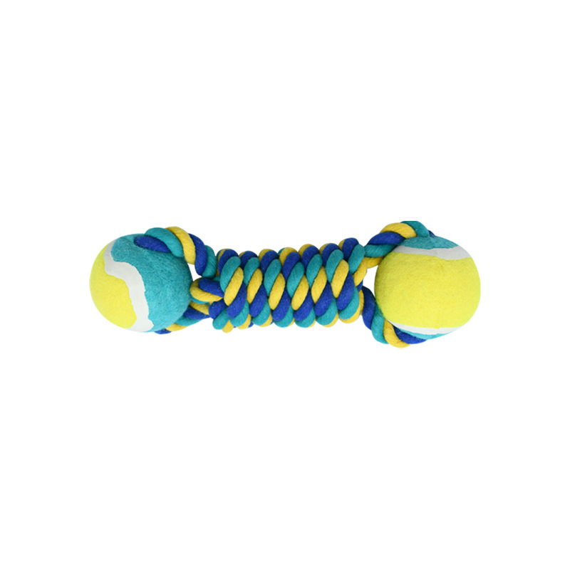 V888-ELOSUNG13165-210464-00 2 PCS Yellow Durable Cotton Rope and Tennis Ball Dog Toy Set - Chew Resistant Tug Toys with Rope Dumbbell - Perfect for Dogs of All Sizes - Image 1
