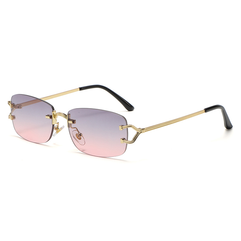 V888-ELOSUNG13170-210468-00 Pink Purple Stylish Frameless Diamond-Cut Sunglasses with Metallic Temples - Trendy Line-Design Fashion Eyewear - Image 1
