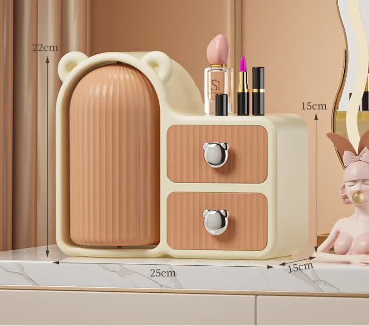 V888-ELOSUNG13240-210654-00 Brown Rotating Desktop Cosmetic Organizer – High-End Dustproof Wall-Mounted Storage Box with Drawer for Vanity, Makeup and Toiletries - Image 1