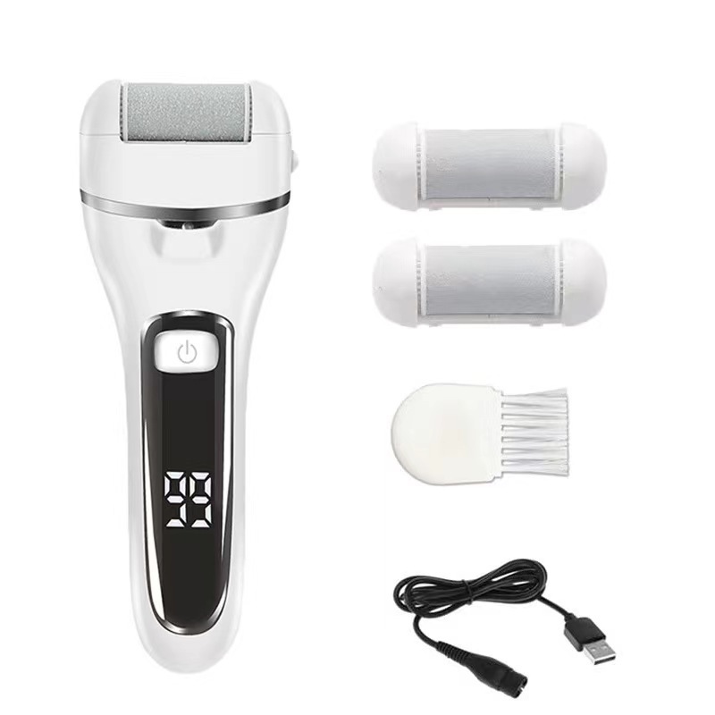 V888-ELOSUNG13329-211136-00 White 3 Pcs Suit Electric Foot Callus Remover with LCD Display | Waterproof Pedicure Set | Dual-Speed Dead Skin Exfoliator for Smooth Feet - Image 1
