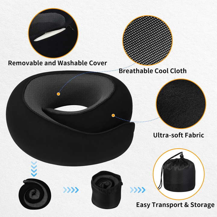 V888-ELOSUNG13348-211443-00 Black Velcro Tape Memory Foam U-Shaped Neck Pillow – Snail Travel Cushion for Airplane, Office Nap, and Travel – Adjustable with Magnetic Therapy Cloth - Image 1