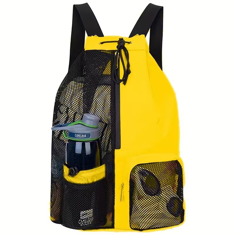 V888-ELOSUNG13572-212199-00 Yellow Mesh Drawstring Swim Backpack with Wet Pocket - Lightweight Beach, Gym, Outdoor Sports Bag - 245g - Image 1