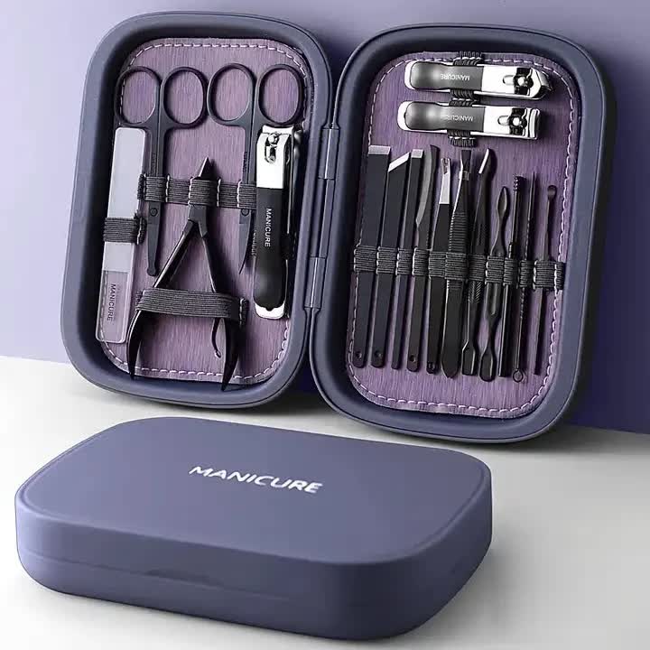 V888-ELOSUNG13594-212246-00 Purple 18-Piece Manicure and Pedicure Set - Stainless Steel Nail Clipper Kit | Professional Nail Care Grooming Tools | Compact Portable Case - Image 1