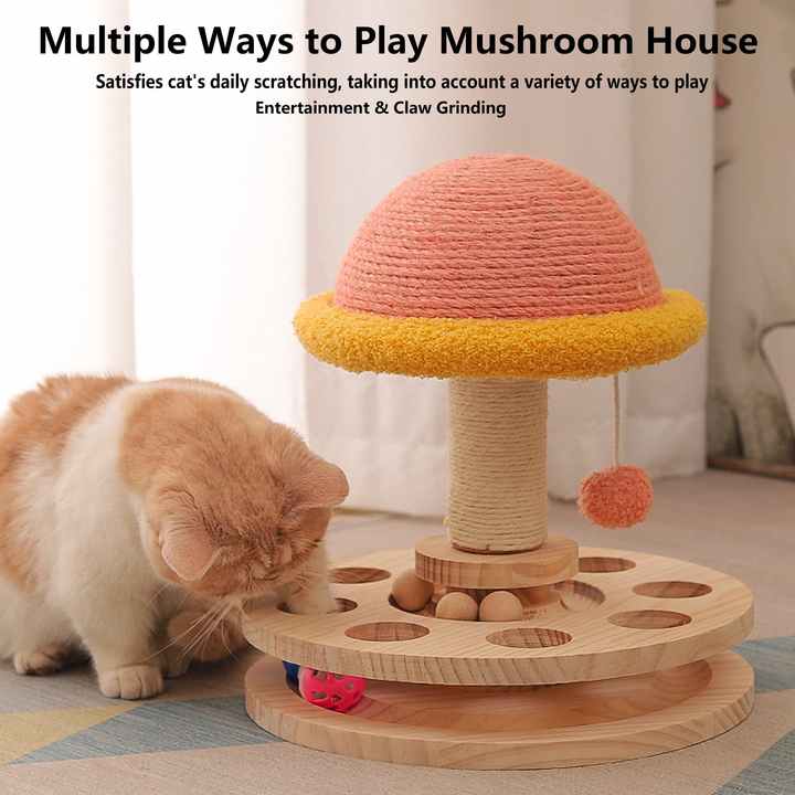 V888-ELOSUNG13625-212406-00 Large Pink Interactive Cat Scratching Post with Ball Track – Fun Mushroom-Shaped Cat Toy for Play, Scratching, and Entertainment - Image 1