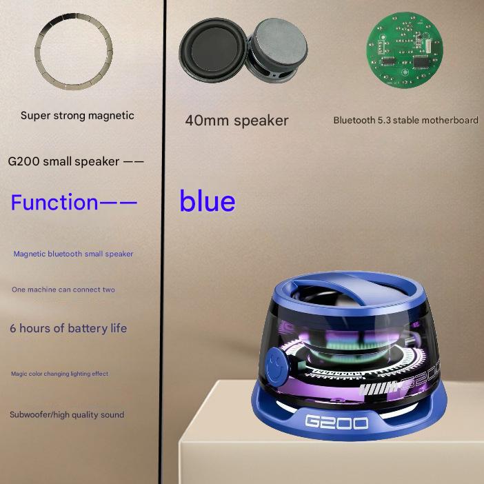 V888-ELOSUNG13668-213487-00 Blue Portable Mini Bluetooth Speaker with Magnetic Base, High-Quality Bass and Surround Sound, Colorful Ambient Lighting, USB Rechargeable, 6-Hour Battery Life - Image 1