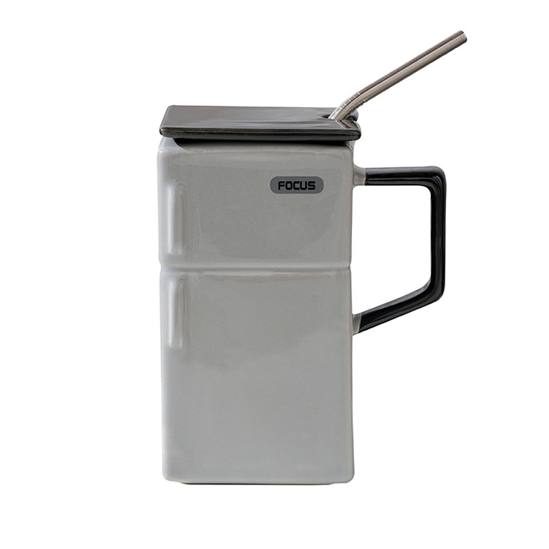 V888-ELOSUNG13719-212725-00 Grey Creative Retro Refrigerator Ceramic Mug with Lid and Straw - 550ml Coffee Cup - Unique Gift for Couples or Office Use - Image 1