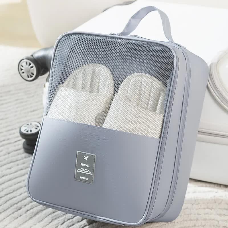 V888-ELOSUNG13768-212632-00 2 Pcs Grey Waterproof Foldable Travel Shoe Storage Bag, Three-Layer Design Shoe Organizer, Portable Shoe Pouch for Trips - Image 1