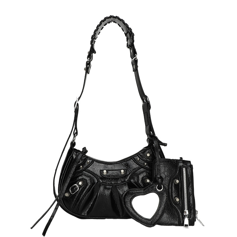 V888-ELOSUNG13771-212839-00 Black Vintage Rivet Crescent Moon Bag with Card Holder & Mirror, French Retro PU Leather Shoulder & Crossbody Motorcycle Bag for Women - Image 1