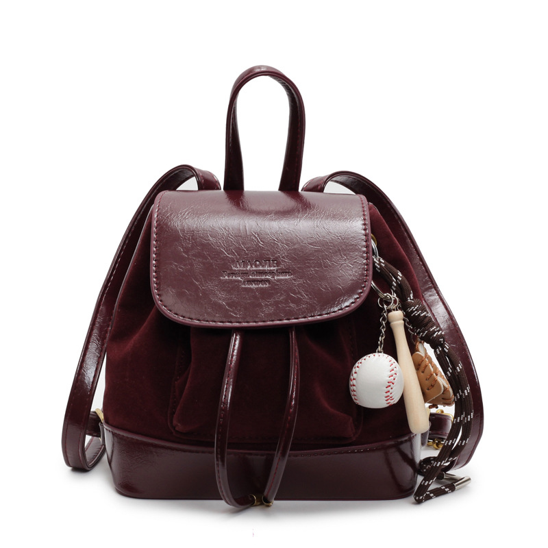 V888-ELOSUNG13791-212794-00 Claret Vintage Suede Women's Mini Backpack - New Fashionable Travel Book Bag with Decorative Charm - Image 1