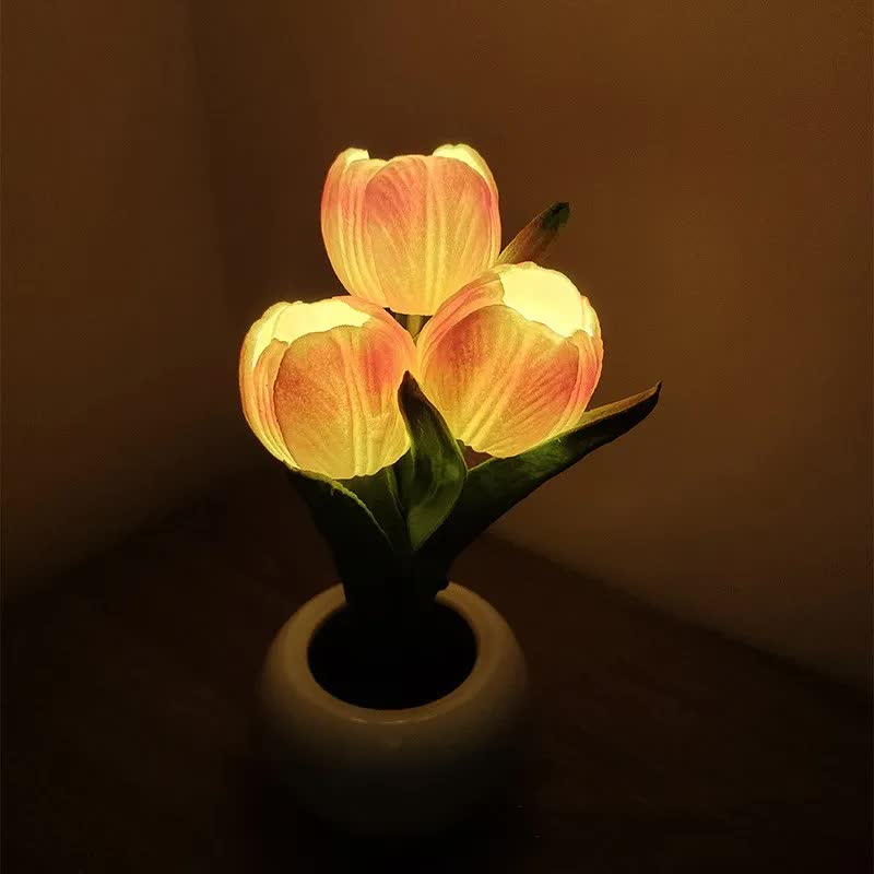 V888-ELOSUNG13932-213651-00 Orange Flowers USB Tulip Night Light - Bedroom Decor Table Lamp with PU Flowers & Ceramic Pot, Perfect Gift for Family & Friends - Image 1