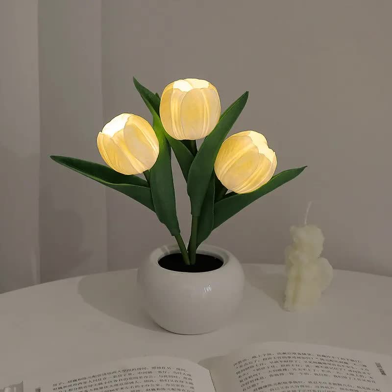 V888-ELOSUNG13933-213650-00 Yellow Flowers USB Tulip Night Light - Bedroom Decor Table Lamp with PU Flowers & Ceramic Pot, Perfect Gift for Family & Friends - Image 1