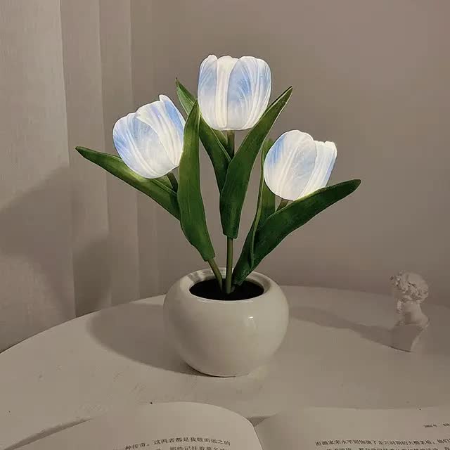 V888-ELOSUNG13934-213649-00 Blue Flowers USB Tulip Night Light - Bedroom Decor Table Lamp with PU Flowers & Ceramic Pot, Perfect Gift for Family & Friends - Image 1