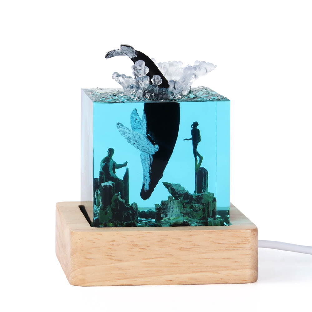 V888-ELOSUNG13942-213727-00 Blue Ancient Architecture Humpback Whale in the Water Handcrafted Ocean Resin Whale Night Light - Unique Home Decor Table Lamp - Image 1
