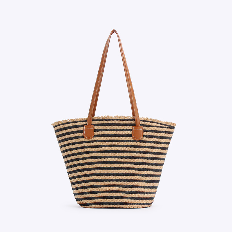 V888-ELOSUNG13948-213783-00 Black And Brown Stripes Handmade Large Capacity Striped Beach Tote Bag with Zipper and Inner Pocket - Summer Vacation Woven Shoulder Bag for Women - Image 1