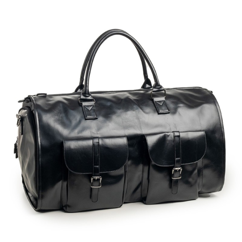 V888-ELOSUNG15013-211452-00 Black PU Leather Travel Duffel Bag - Multifunctional Overnight Gym Bag with Spacious Compartments - Image 1