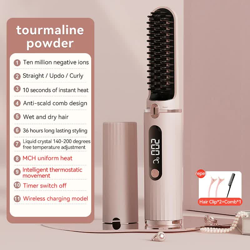 V888-ELOSUNG15317-213528-00 Cordless Hair Straightener Brush with Adjustable Temperature - Pink - Image 1