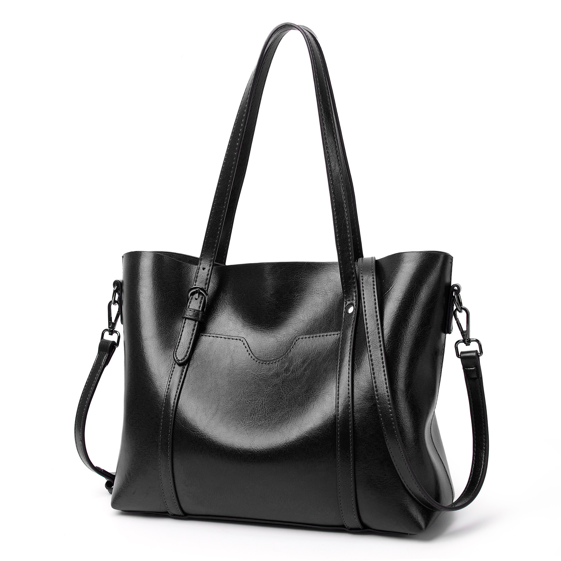V888-ELOSUNG15330-212707-00 Elegant PU Leather Tote Bag with Detachable Strap - Black - Image 1