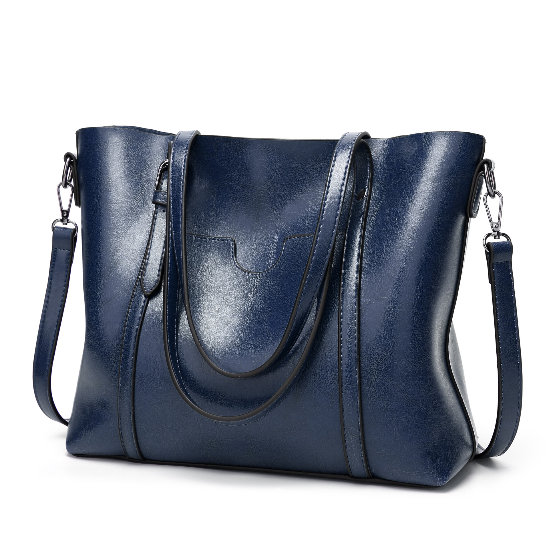 V888-ELOSUNG15333-212710-00 Elegant PU Leather Tote Bag with Detachable Strap - Dark Blue - Image 1