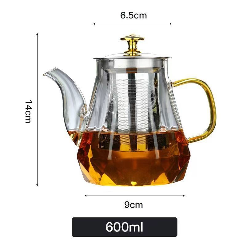 V888-ELOSUNG15381-214571-00 Elegant Glass Teapot with Gold Handle and Stainless Steel Infuser - 600ml Capacity - Image 1