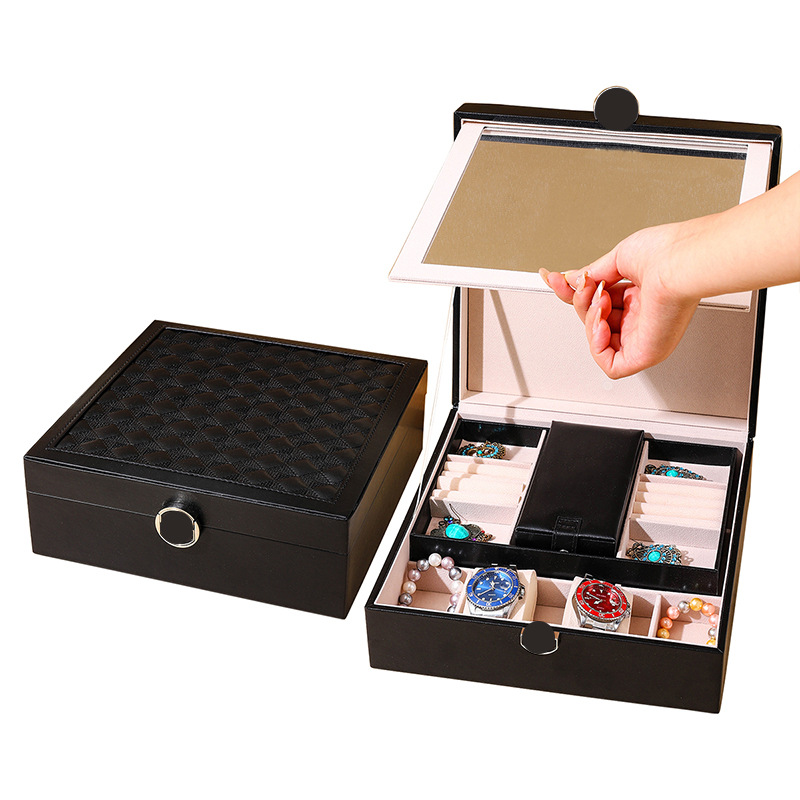 V888-ELOSUNG15442-213746-00 Black Luxury Quilted Jewelry Storage Box with Mirror and Multi-Layer Compartments - Image 1