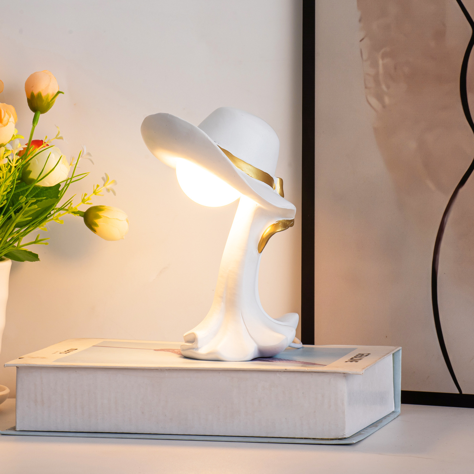 V888-ELOSUNG15478-214007-00 White Creative Cowboy Hat USB Table Lamp for Home and Office Decor - Image 1