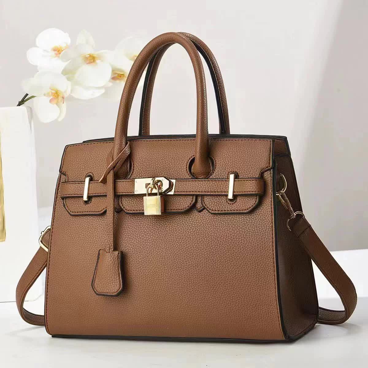 V888-ELOSUNG15516-214165-00 Coffee Elegant PU Leather Handbag with Lock Decoration - Structured Tote Bag for Women - Image 1