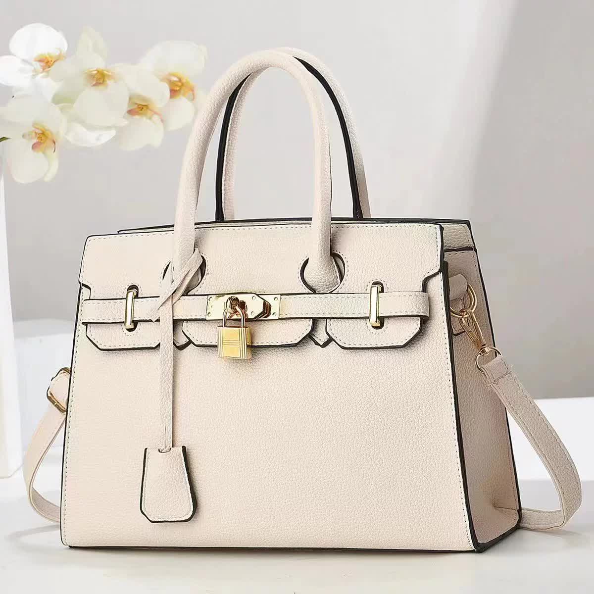 V888-ELOSUNG15517-214166-00 Beige Elegant PU Leather Handbag with Lock Decoration - Structured Tote Bag for Women - Image 1