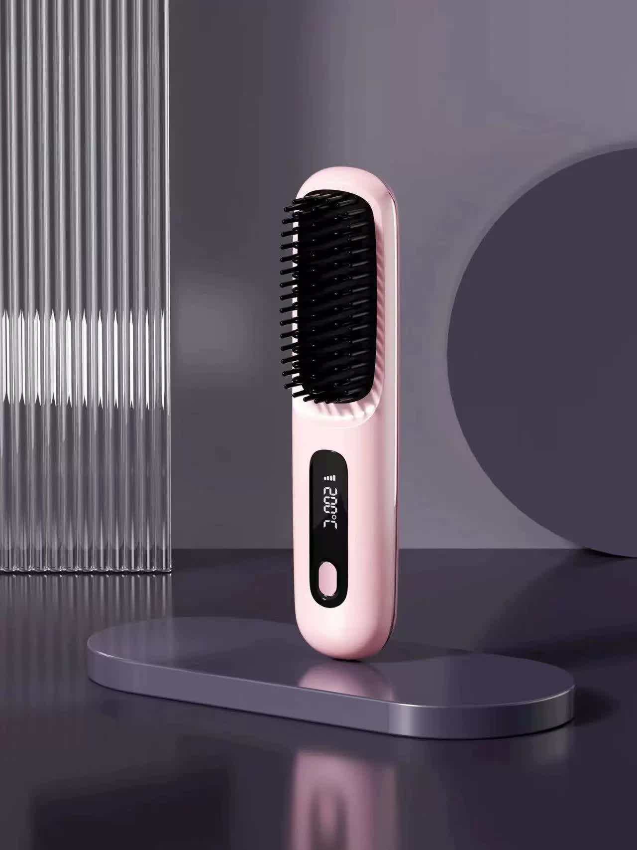 V888-ELOSUNG15548-214601-00 Pink Wireless Hair Straightening Brush - Compact and Rechargeable Styling Tool - Image 1