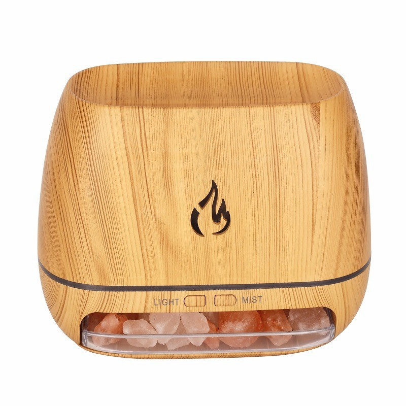 V888-ELOSUNG15734-215519-00 Wood Grain Color Himalayan Salt Flame Aroma Diffuser - 250ml Ultrasonic Humidifier with 7-Color LED Light for Relaxation and Decor - Image 1