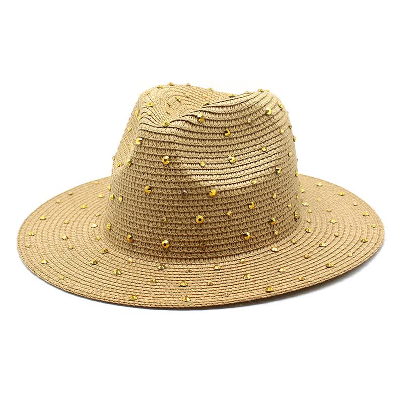 V888-ELOSUNG15767-215659-00 Khaki Women's Wide-Brim Straw Hat with Rhinestones - Elegant and Breathable Sun Hat for Summer Outdoors,M(56-58cm) - Image 1