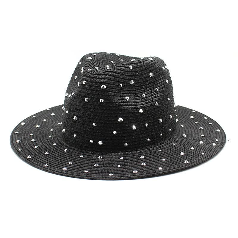 V888-ELOSUNG15768-215660-00 Black Women's Wide-Brim Straw Hat with Rhinestones - Elegant and Breathable Sun Hat for Summer Outdoors,M(56-58cm) - Image 1